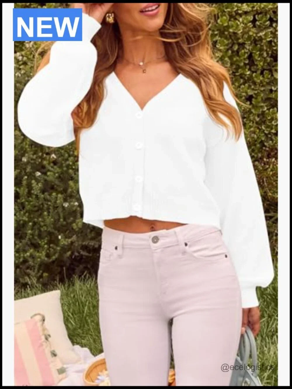 Womens Cropped Oversized Button Down Cardigan Long Sleeve Puff Sleeve